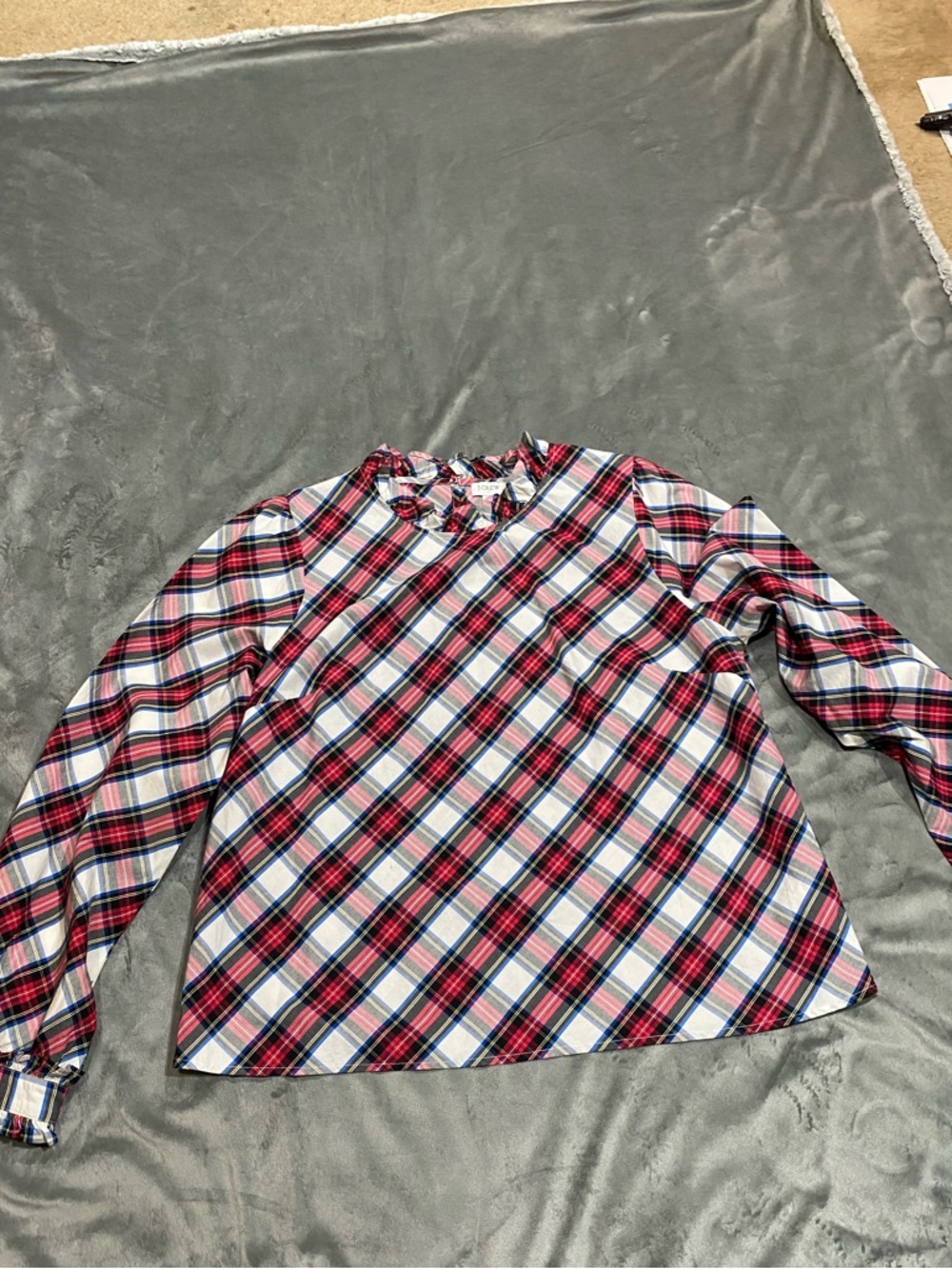 J. Crew Factory Holiday Plaid Ruffle-Neck Blouse